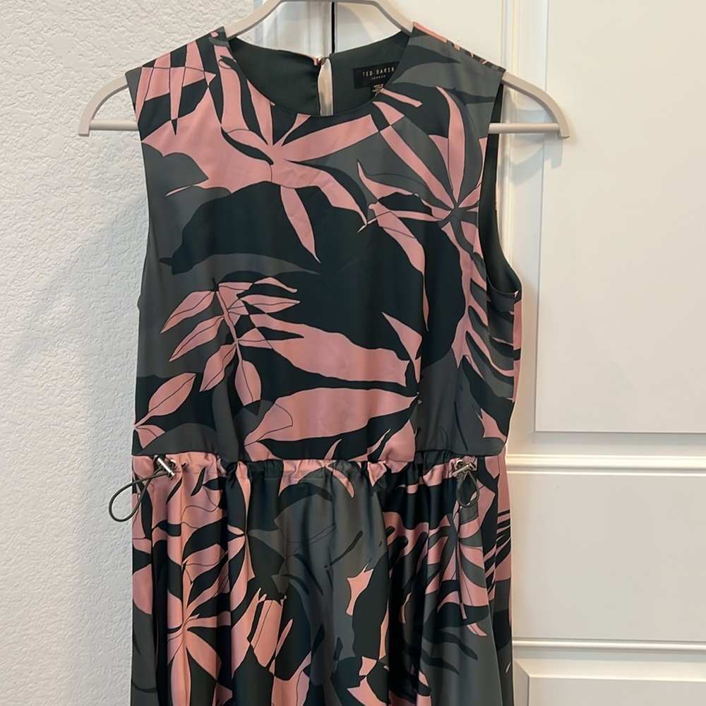 Ted Baker Black Midi Dress with Mauve Leaf Print - Picture 2 of 5